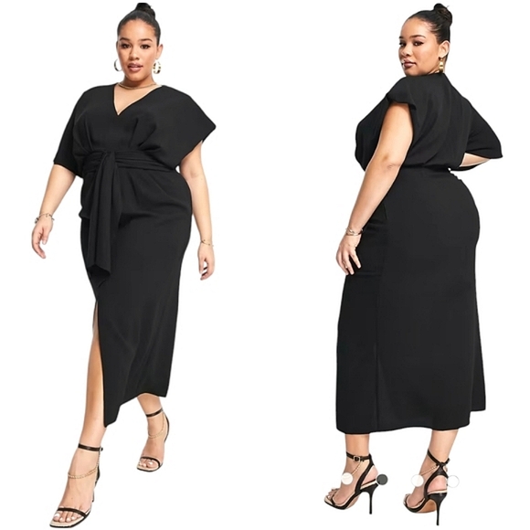 ASOS Design Curve Black Batwing Tie-Front Crepe Midi Dress - Picture 1 of 9